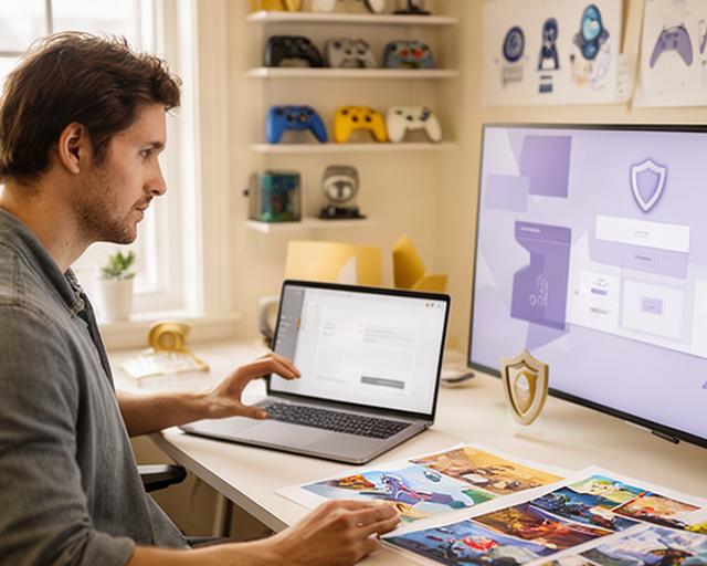 Game designer reviewing a privacy dashboard beside concept art in a bright Fredericksburg studio