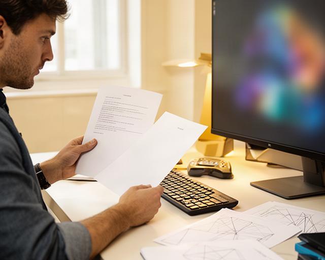 Game designer reviewing contract pages beside a development workstation in a bright studio