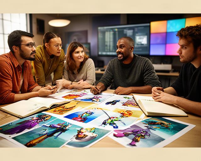 Game development team reviewing colorful character concepts and gameplay notes around a studio table