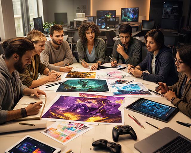 Game designers and programmers reviewing colorful concept art around a studio table in Fredericksburg